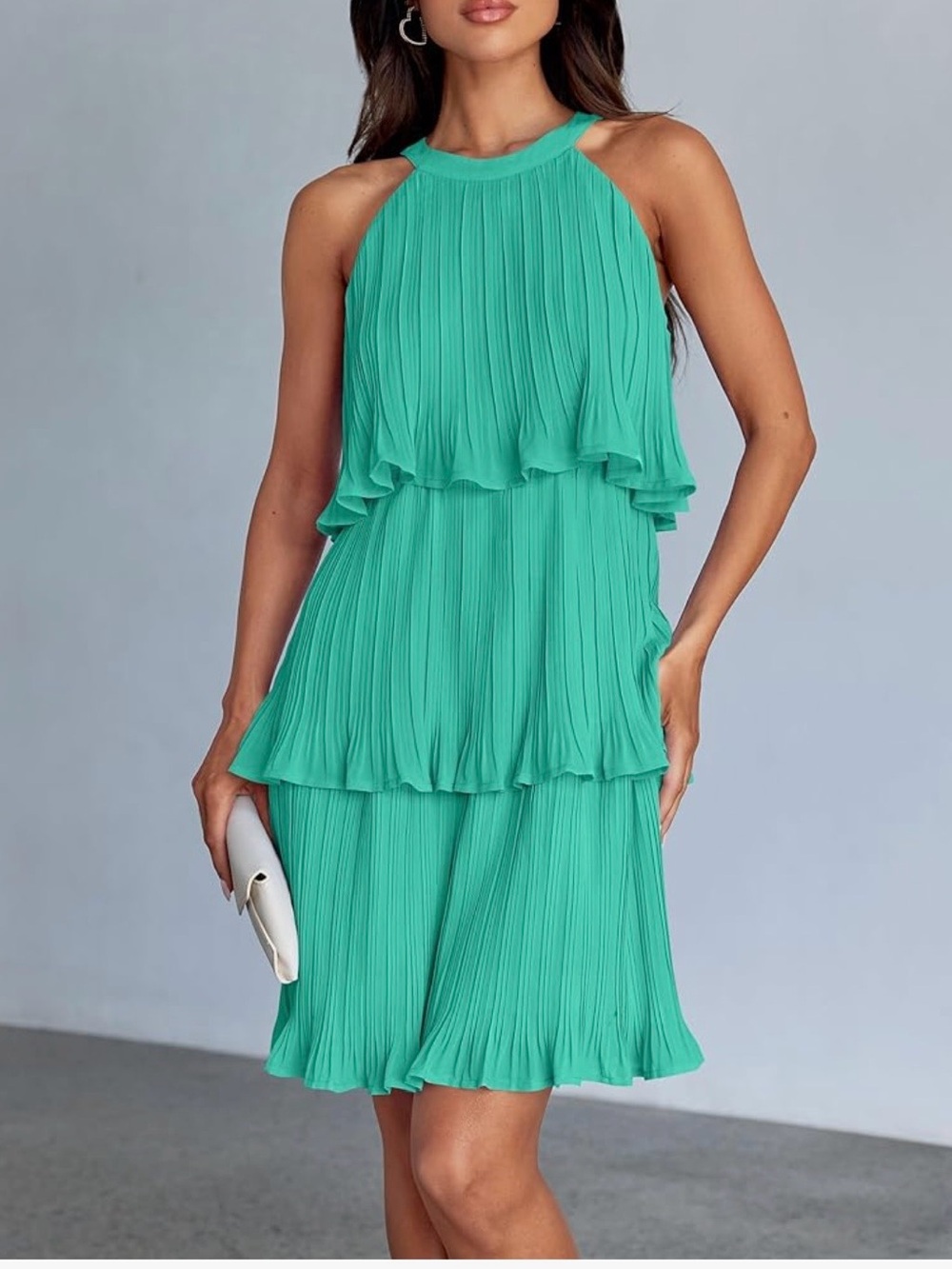 Ruffle Tiered Pleated Chiffon Halter Dress in Green
